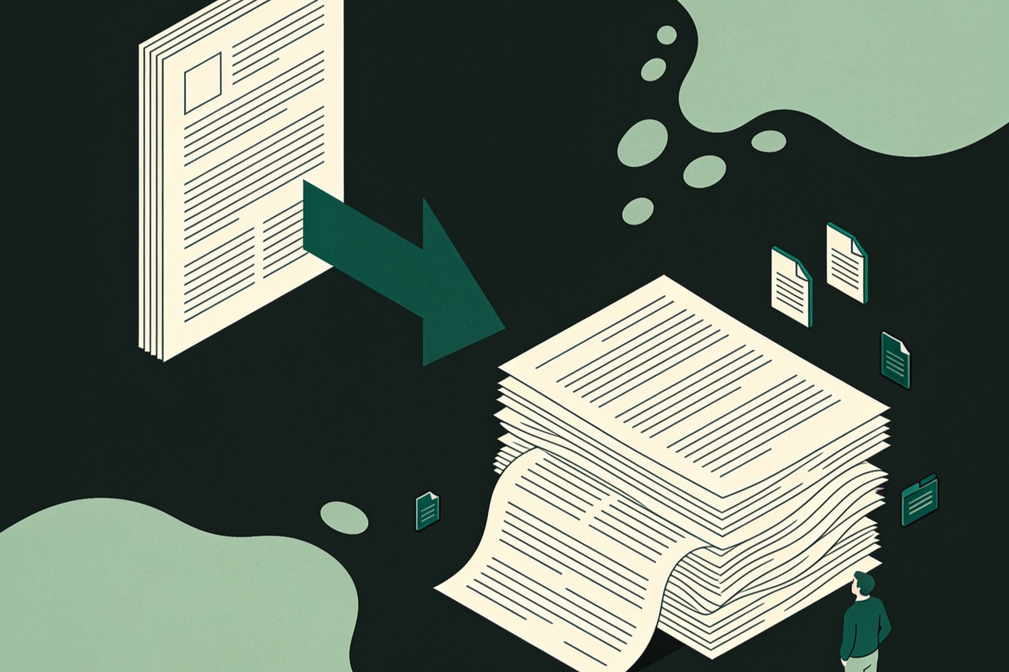 Two resume documents standing side by side on a dark green background, one inspected through a magnifying glass, with green checkmark tiles floating beside each and a small figure looking up at them