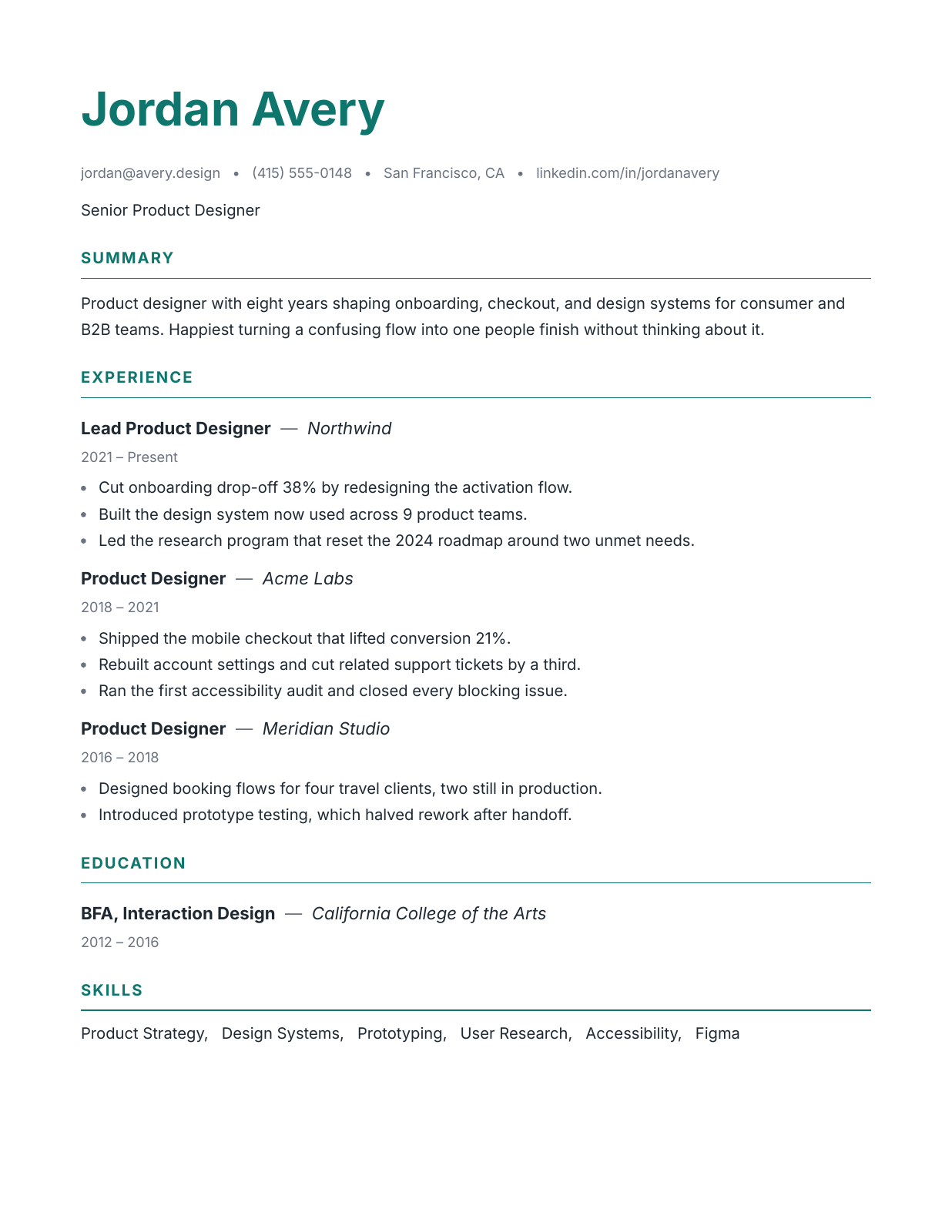 A real resume rendered by HoneCV: single column, clean headings, real text